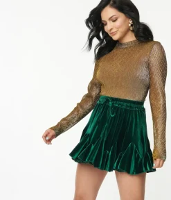 Unique Vintage Blouses>Silver & Gold Long Sleeve Sheer Bodysuit