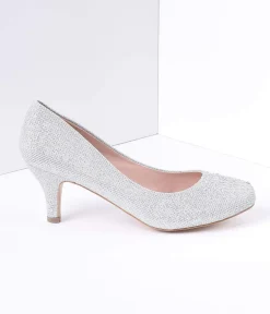 Unique Vintage Special Occasion|Heels>Silver Metallic Rhinestone Doris Kitten Heels