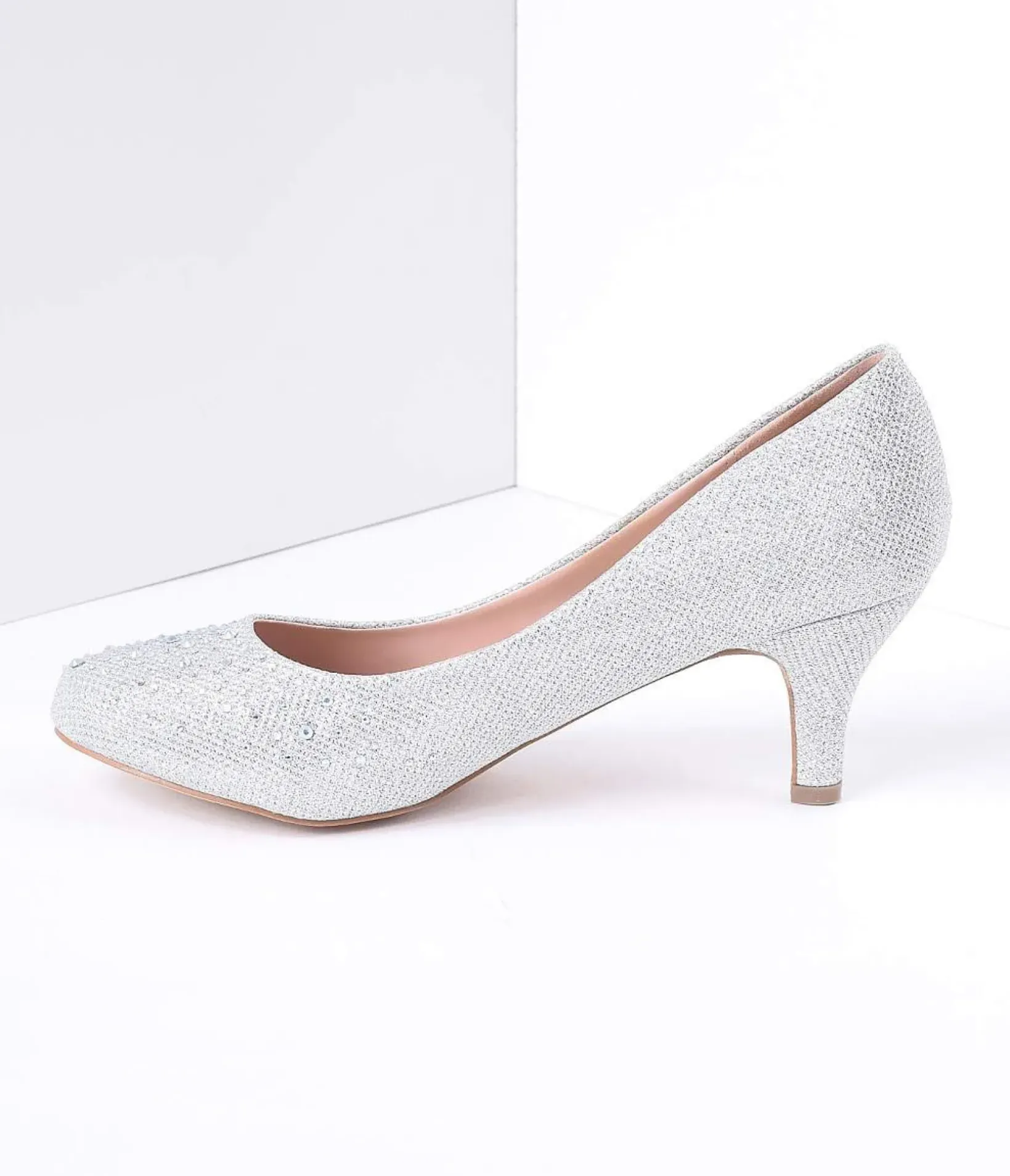 Unique Vintage Special Occasion|Heels>Silver Metallic Rhinestone Doris Kitten Heels