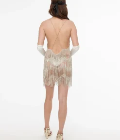 Unique Vintage Special Occasion|Flapper Dresses>Silver Rhinestone Fringe Mini Dress