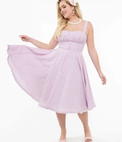 Unique Vintage Swing|Everyday Dresses>1950s Lavender Cotton Eyelet Valerie Swing Dress