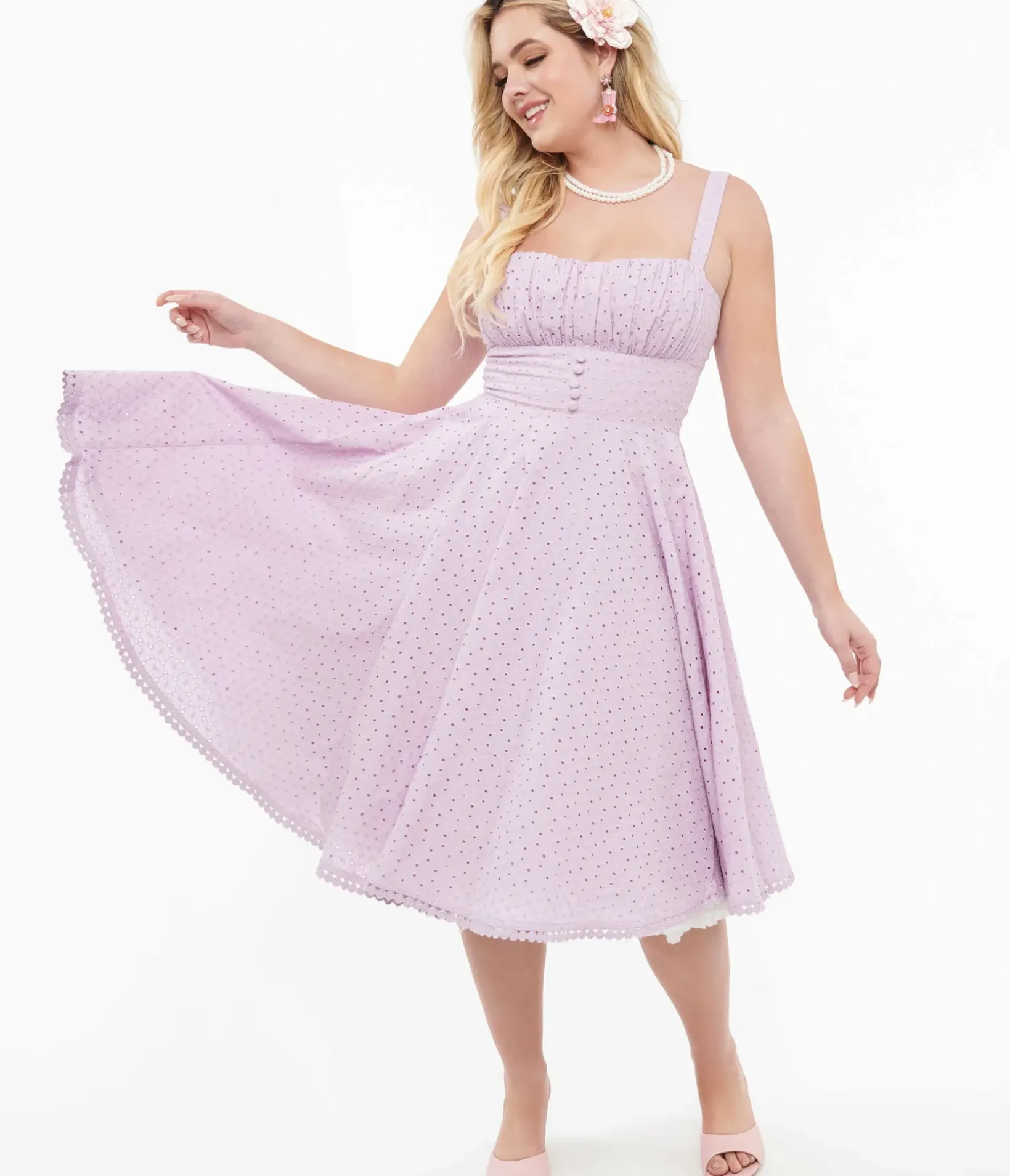 Unique Vintage Swing|Everyday Dresses>1950s Lavender Cotton Eyelet Valerie Swing Dress