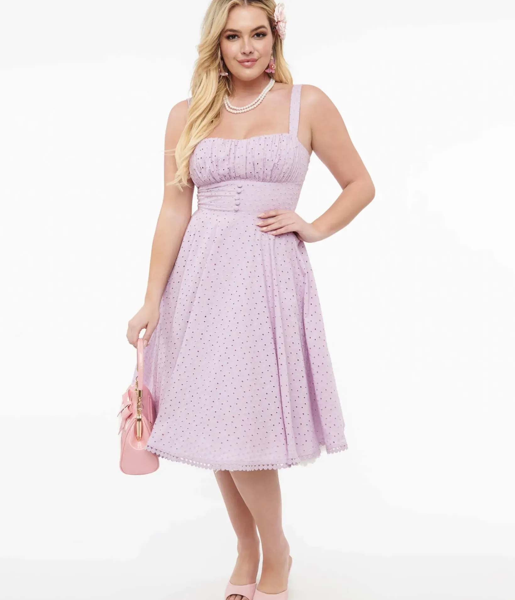 Unique Vintage Swing|Everyday Dresses>1950s Lavender Cotton Eyelet Valerie Swing Dress