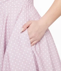 Unique Vintage Swing|Pocket Dresses>1950s Lavender & White Heart Print Victoria Swing Dress