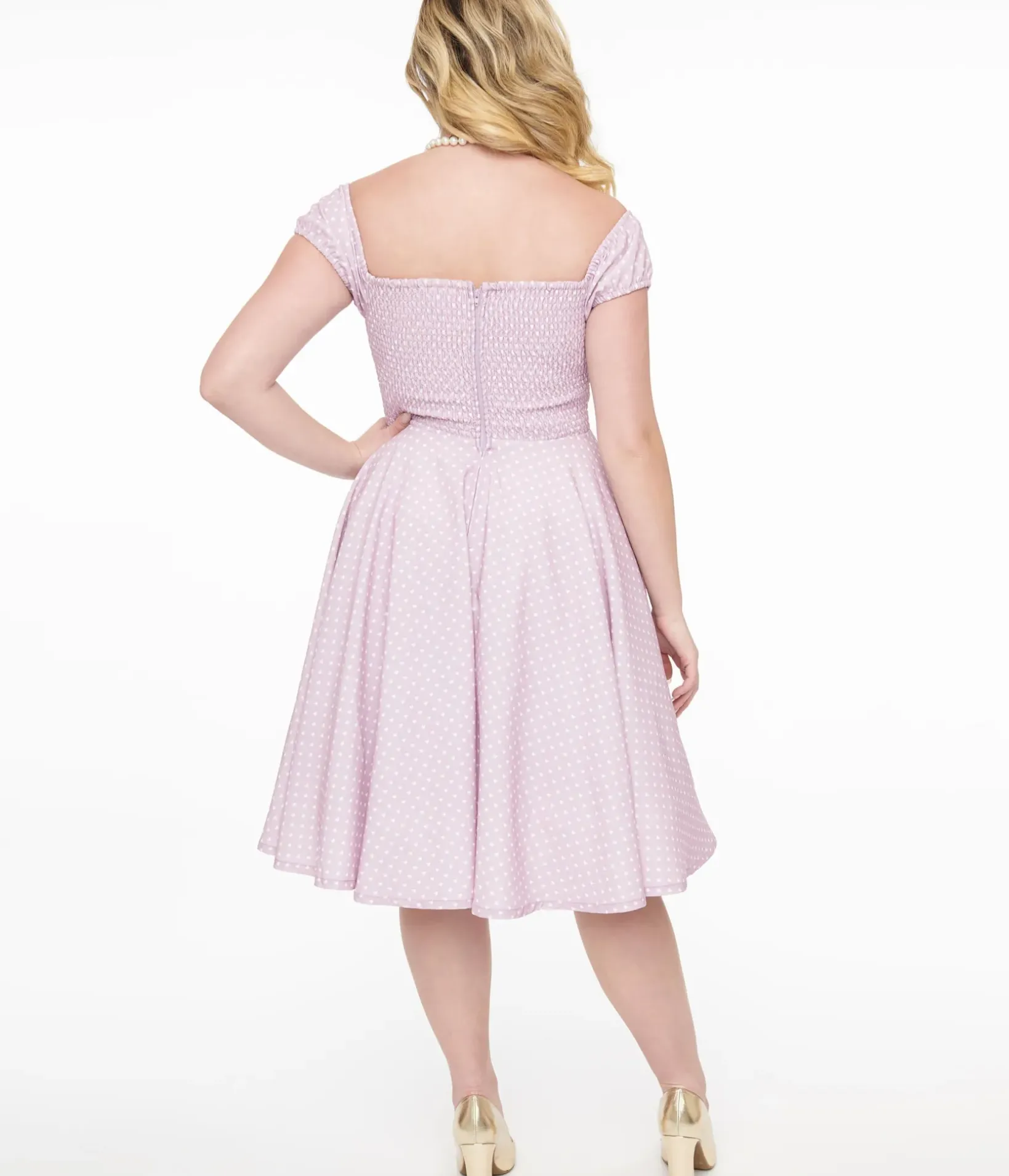 Unique Vintage Swing|Pocket Dresses>1950s Lavender & White Heart Print Victoria Swing Dress