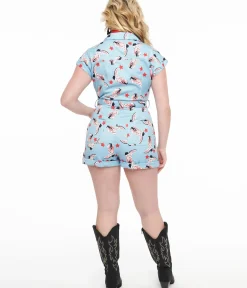 Unique Vintage Rompers & Jumpsuits|All Things Red>1970s Light Blue & Red All Over Boots Print Romper