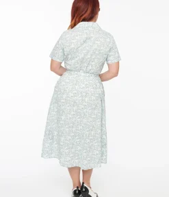 Unique Vintage Pocket Dresses|Everyday Dresses>1940s Light Blue & White Cat Print Cotton Midi Dress