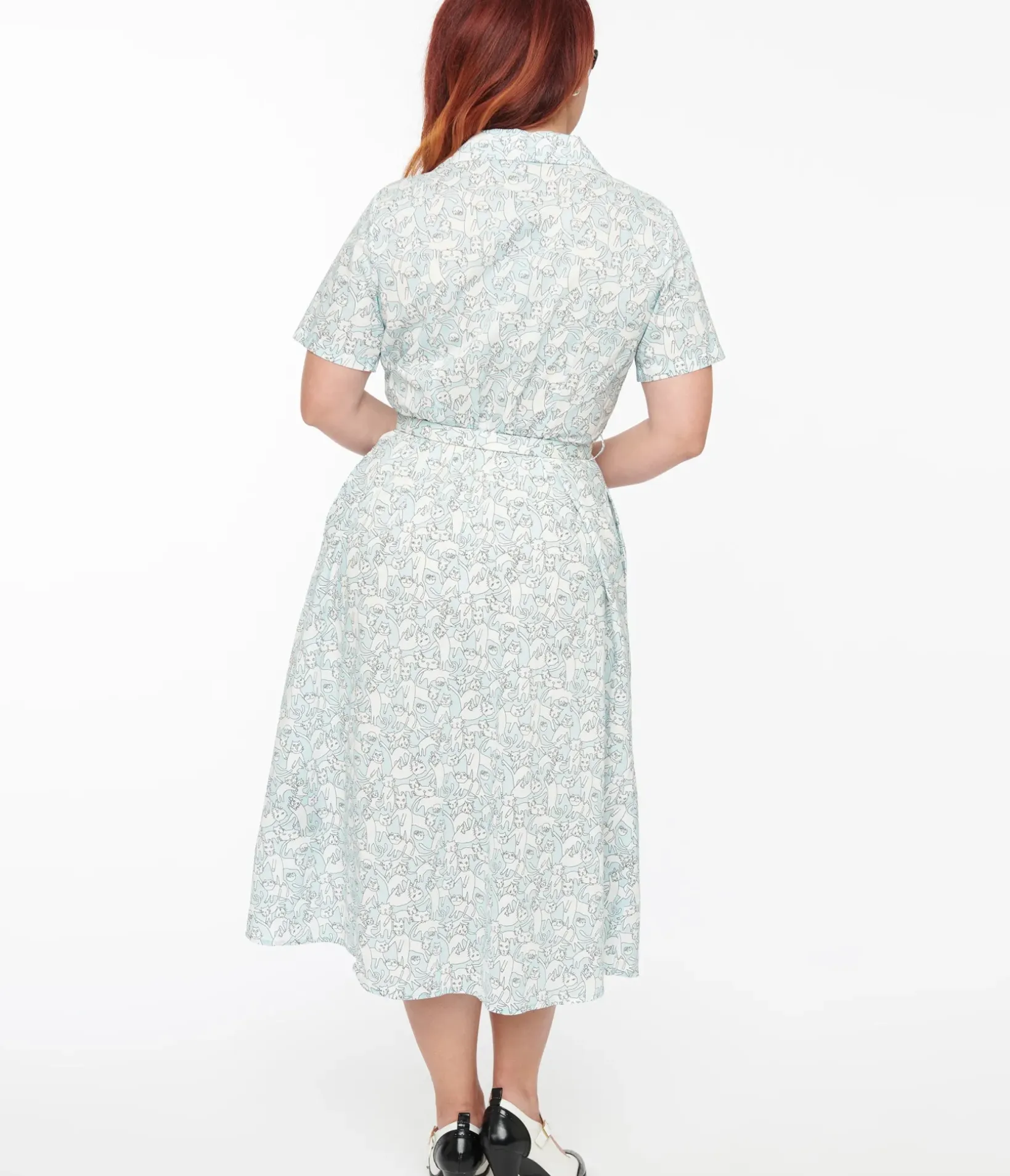 Unique Vintage Pocket Dresses|Everyday Dresses>1940s Light Blue & White Cat Print Cotton Midi Dress