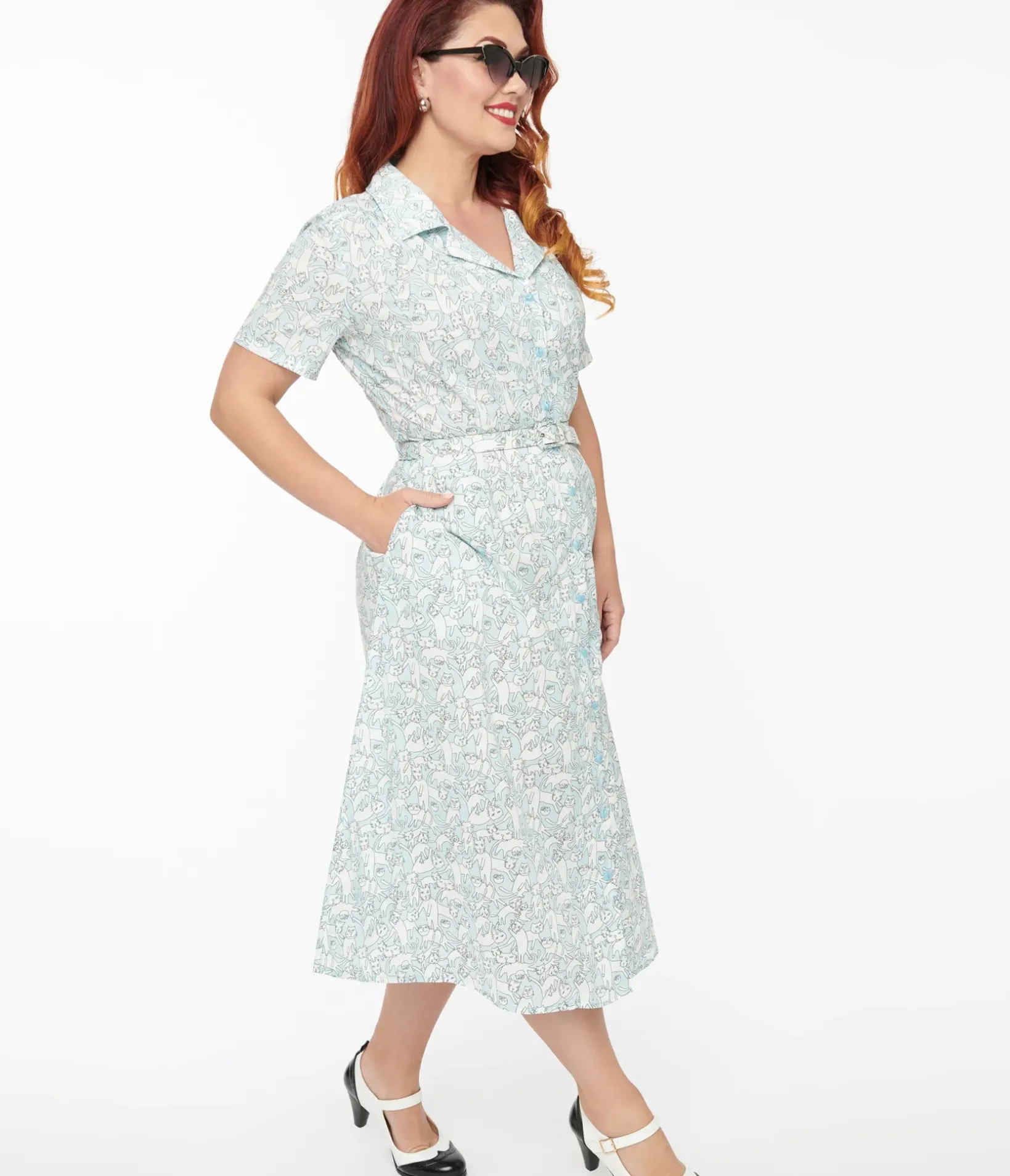Unique Vintage Pocket Dresses|Everyday Dresses>1940s Light Blue & White Cat Print Cotton Midi Dress