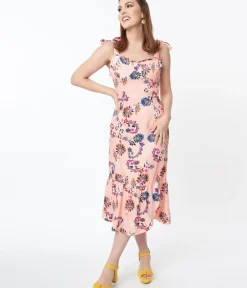 Unique Vintage All Things Pink>1940s Light Pink & Paisley Floral Print Devika Pencil Dress
