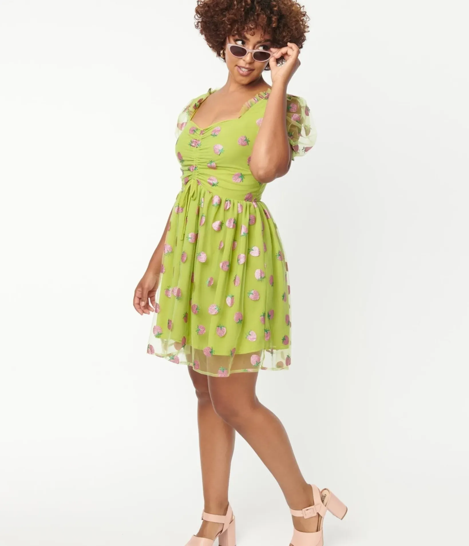 Unique Vintage Babydoll|Babydoll>Smak Parlour Avocado & Pink Strawberry Print Woodstock Flare Dress