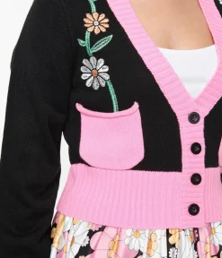 Unique Vintage Sweaters & Cardigans|All Things Pink>Smak Parlour Black & Pink Flower Pocket Cardigan