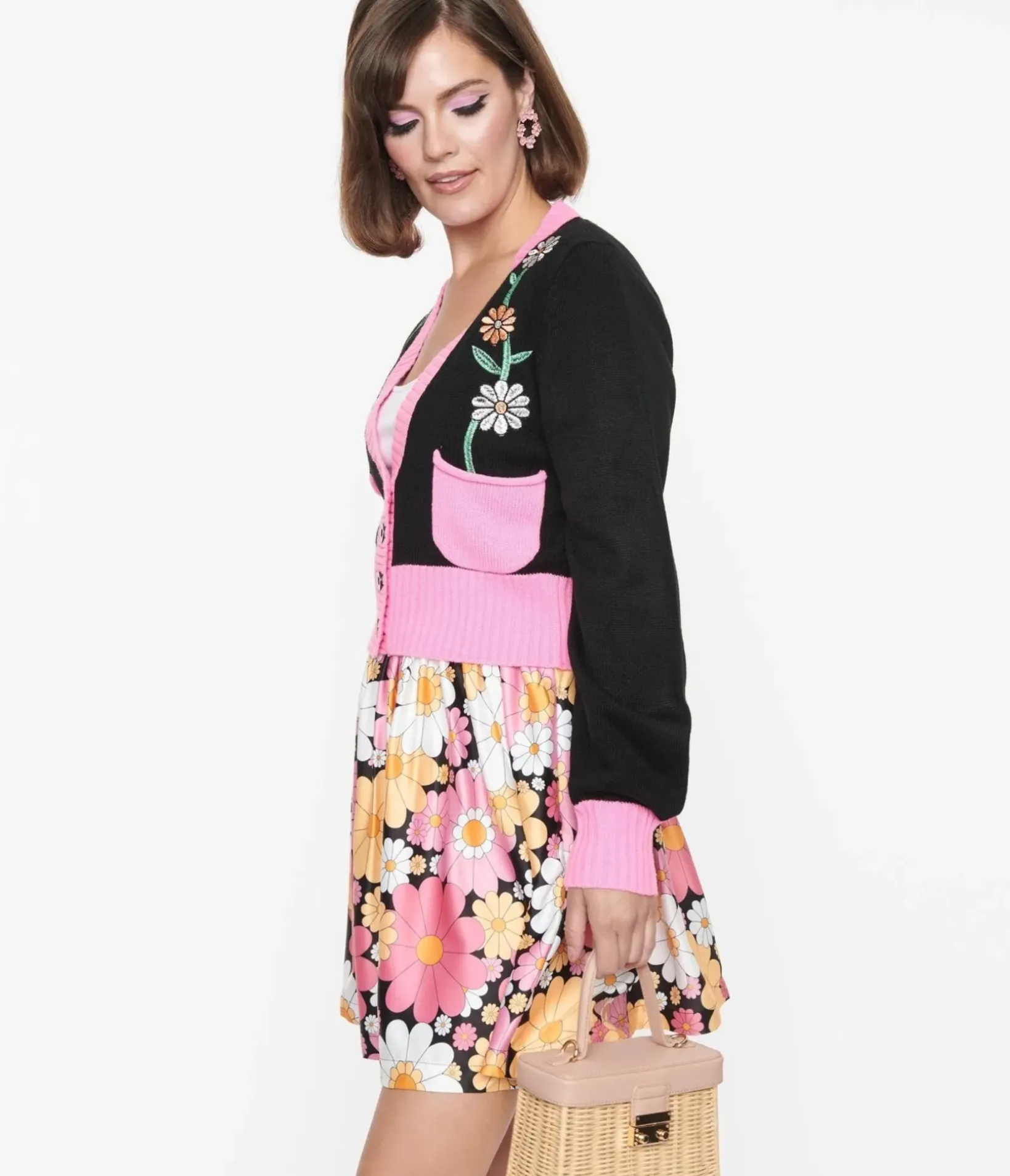 Unique Vintage Sweaters & Cardigans|All Things Pink>Smak Parlour Black & Pink Flower Pocket Cardigan