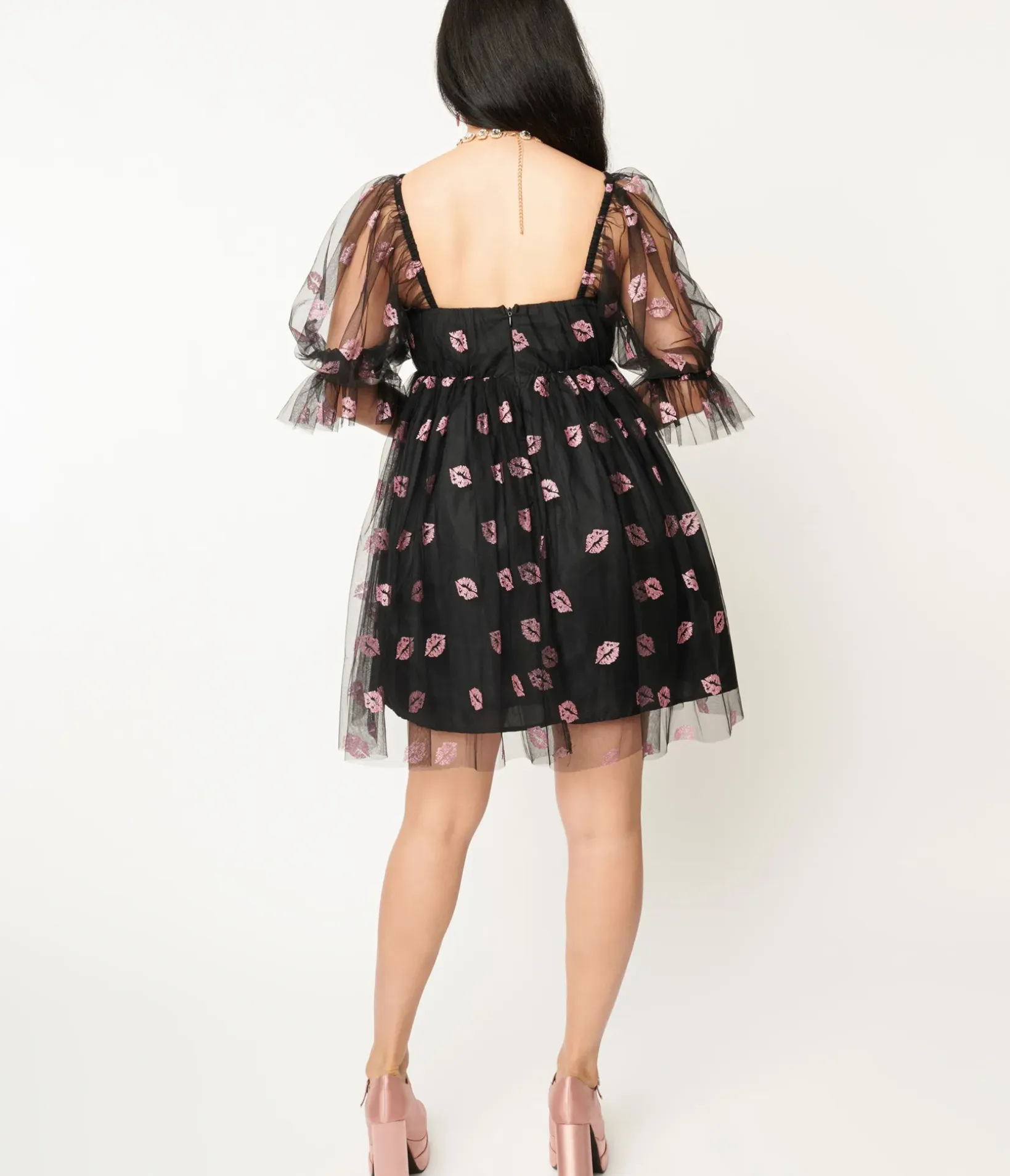 Unique Vintage Babydoll|Babydoll>Smak Parlour Black & Pink Glitter Lips Love Interest Babydoll Dress