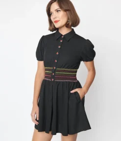 Unique Vintage All Things Black>Smak Parlour Black & Rainbow Smocked Babydoll Blouse