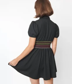 Unique Vintage All Things Black>Smak Parlour Black & Rainbow Smocked Babydoll Blouse