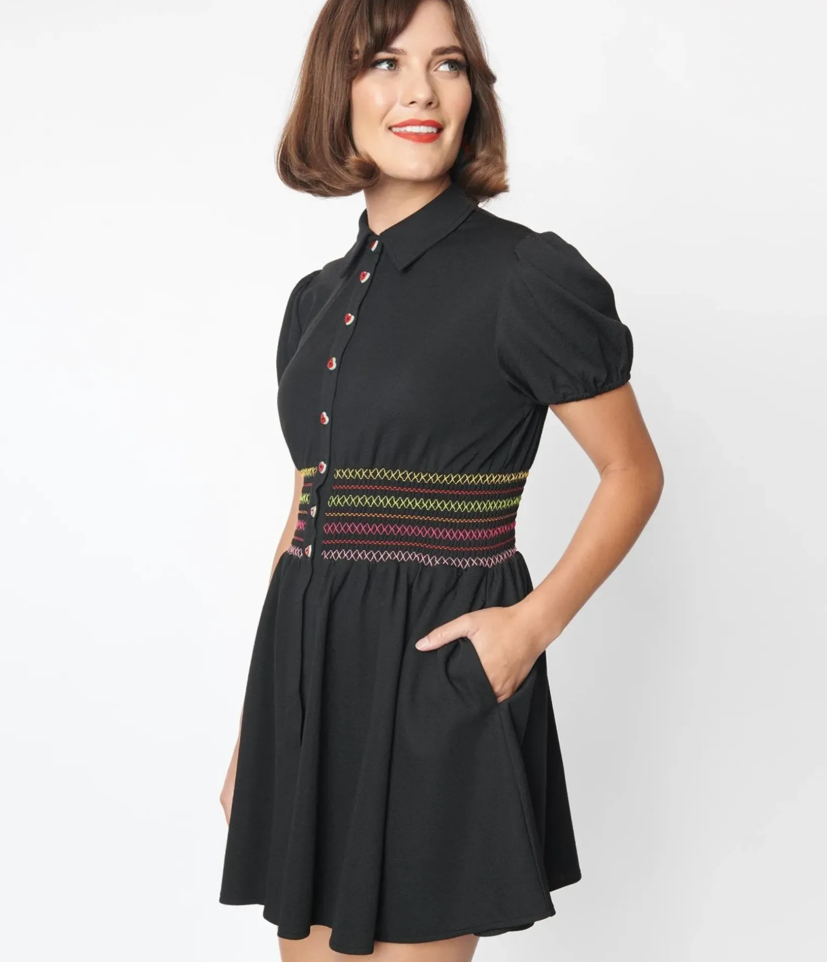 Unique Vintage All Things Black>Smak Parlour Black & Rainbow Smocked Babydoll Blouse
