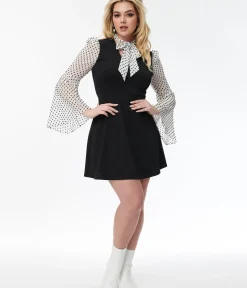 Unique Vintage Fit & Flare|Everyday Dresses>Smak Parlour Black & White Polka Dot Bell Sleeve Flare Dress