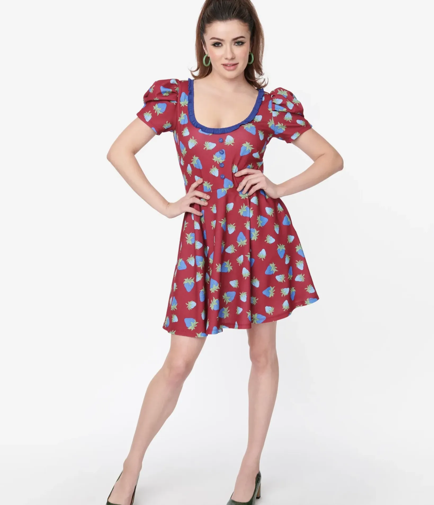 Unique Vintage Fit & Flare|Pocket Dresses>Smak Parlour Burgundy & Blue Strawberry Group Chat Flare Dress