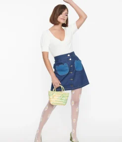 Unique Vintage Skirts>Smak Parlour Dark Denim Tulip Match Game Mini Skirt