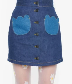 Unique Vintage Skirts>Smak Parlour Dark Denim Tulip Match Game Mini Skirt