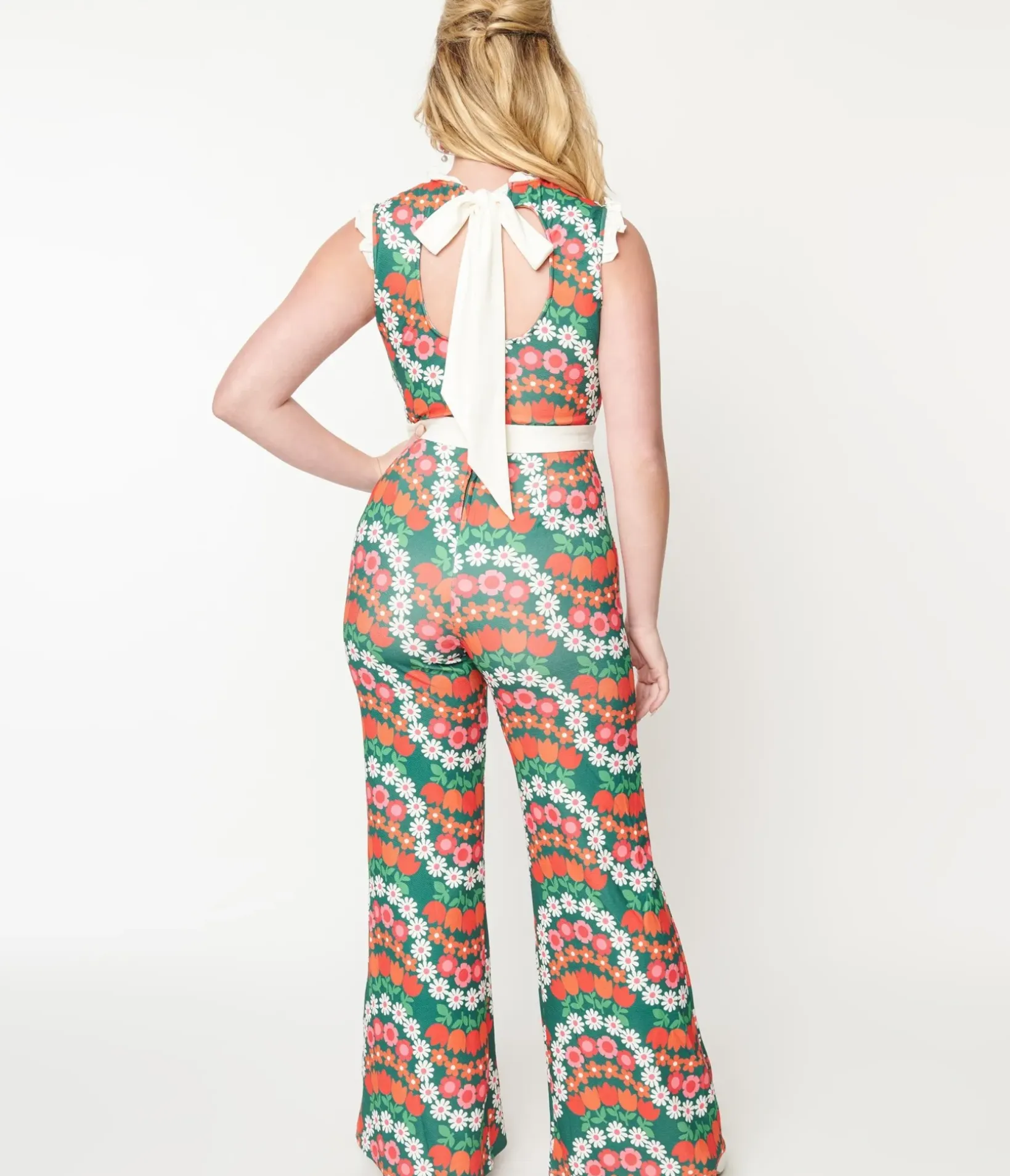 Unique Vintage Rompers & Jumpsuits|All Things Red>Smak Parlour Green & Red Daisy Chain Back Bow Jumpsuit