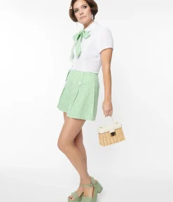 Unique Vintage Shorts>Smak Parlour Green & White Gingham Pleated Shorts