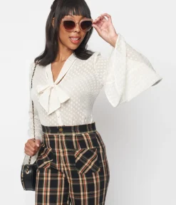 Unique Vintage Blouses|Blouses>Smak Parlour Ivory Diamond Clip Dot Bow Blouse