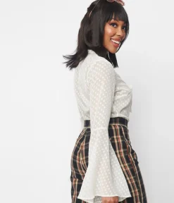 Unique Vintage Blouses|Blouses>Smak Parlour Ivory Diamond Clip Dot Bow Blouse