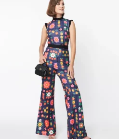 Unique Vintage Rompers & Jumpsuits>Smak Parlour Navy & Floral Wallpaper Back Bow Jumpsuit