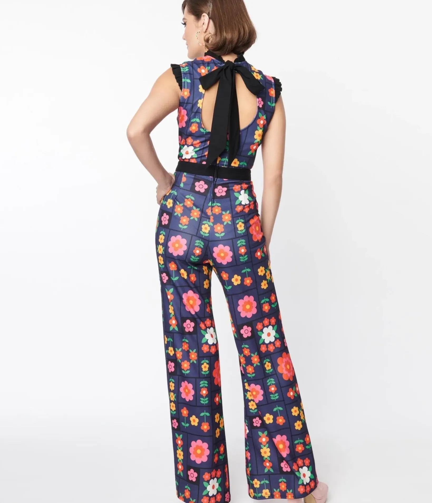 Unique Vintage Rompers & Jumpsuits>Smak Parlour Navy & Floral Wallpaper Back Bow Jumpsuit