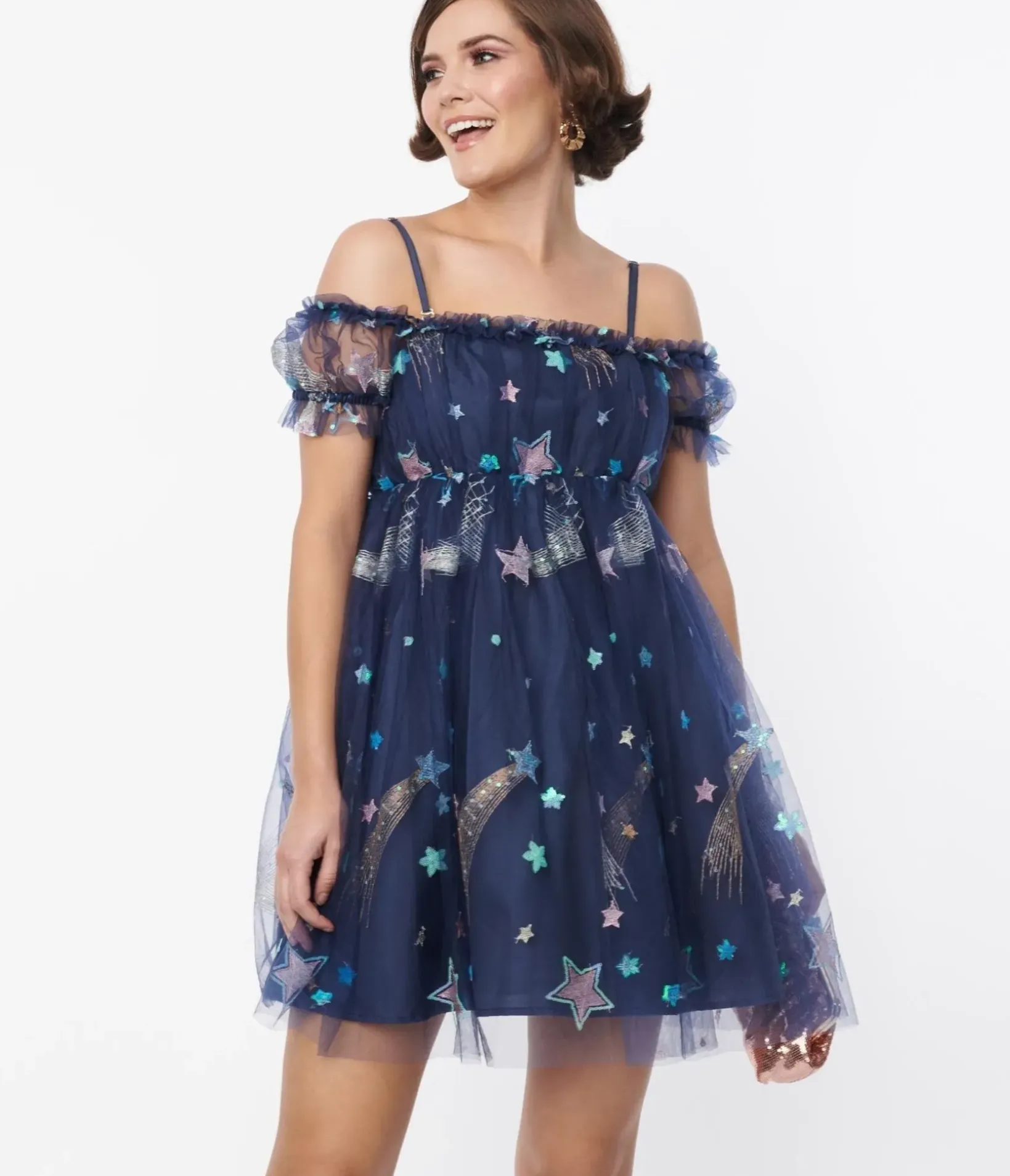 Unique Vintage Babydoll|Babydoll>Smak Parlour Navy Glitter Off the Shoulder Babydoll Dress