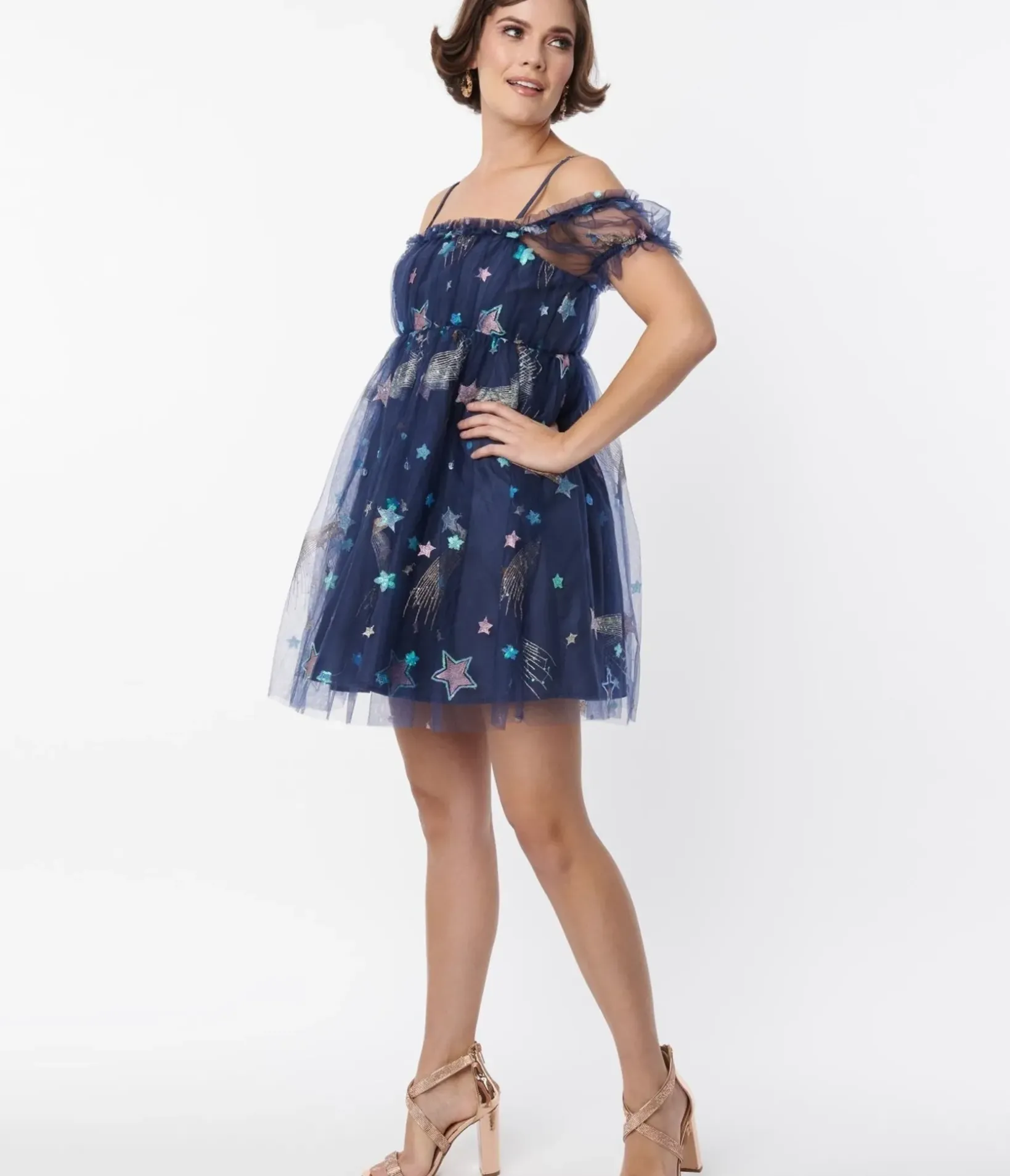Unique Vintage Babydoll|Babydoll>Smak Parlour Navy Glitter Off the Shoulder Babydoll Dress