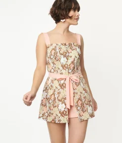 Unique Vintage Rompers & Jumpsuits|All Things Pink>Smak Parlour Pink & Brown Floral Sweet & Sassy Skirted Romper