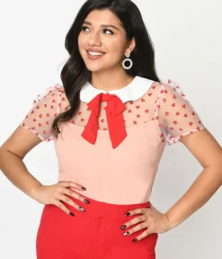 Unique Vintage Blouses|All Things Pink>Smak Parlour Pink & Red Hearts Collared Bow Blouse