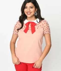 Unique Vintage Blouses|All Things Pink>Smak Parlour Pink & Red Hearts Collared Bow Blouse