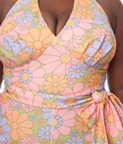 Unique Vintage Rompers & Jumpsuits|Rompers & Jumpsuits>Smak Parlour Plus Size Avocado Green & Multicolor Daisy Glamour Goddess Jumpsuit