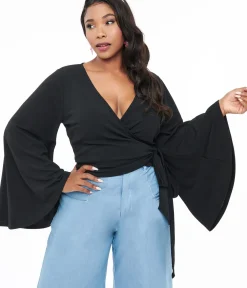 Unique Vintage All Things Black>Smak Parlour Plus Size Black Bell Sleeve Wrap Top