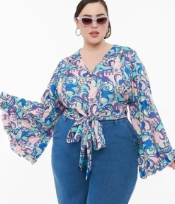 Unique Vintage Blouses|Blouses>Smak Parlour Plus Size Blue & Purple Psychedelic Floral Belva Crop Blouse