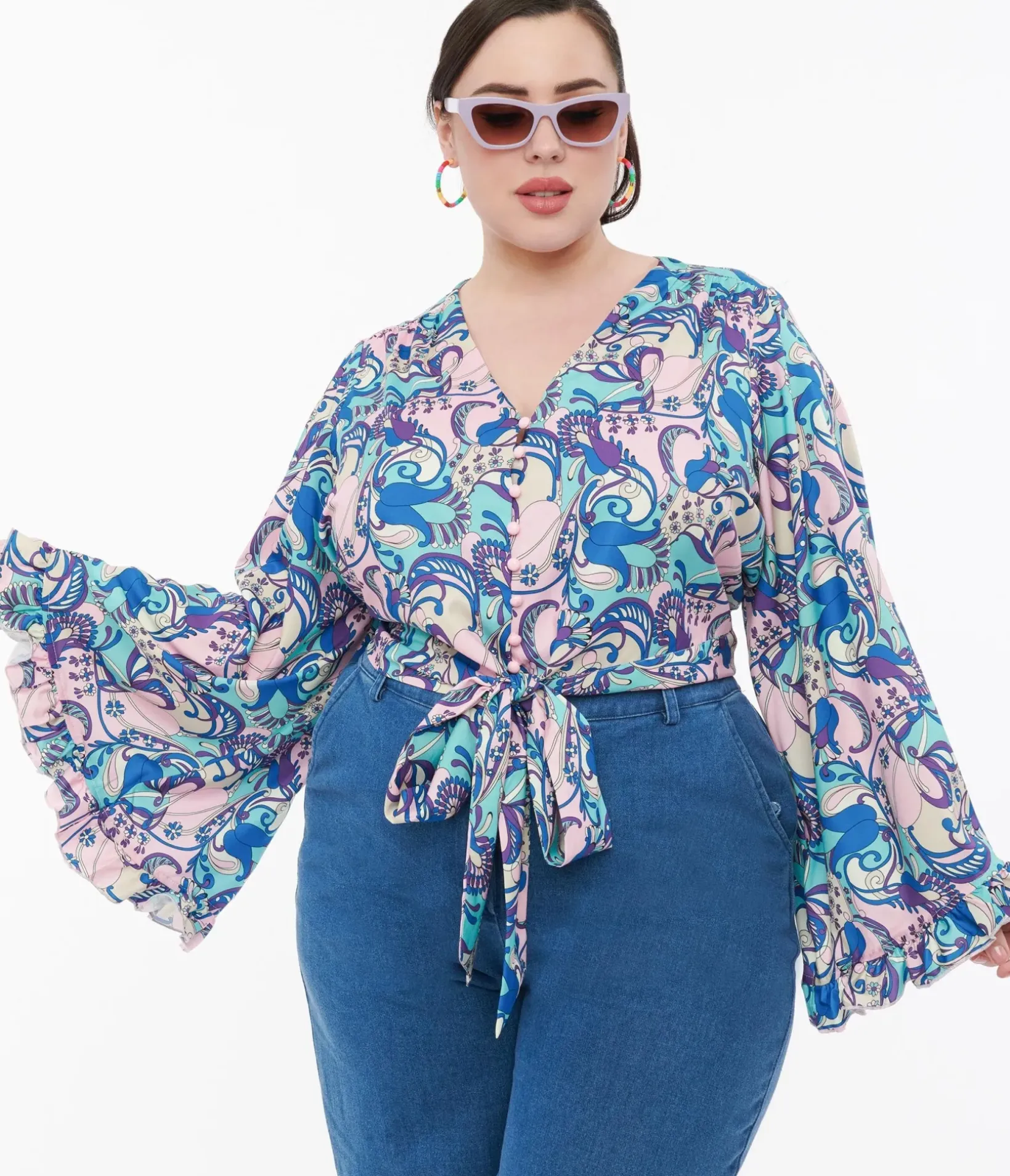 Unique Vintage Blouses|Blouses>Smak Parlour Plus Size Blue & Purple Psychedelic Floral Belva Crop Blouse