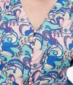 Unique Vintage Blouses|Blouses>Smak Parlour Plus Size Blue & Purple Psychedelic Floral Belva Crop Blouse