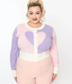 Unique Vintage Sweaters & Cardigans|Sweaters & Cardigans>Smak Parlour Plus Size Pink & Lavender Hearts Cardigan