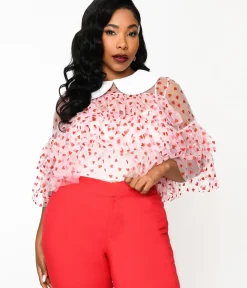 Unique Vintage All Things Pink|All Things Red>Smak Parlour Plus Size Pink & Red Glitter Hearts Mesh Ruffle Top
