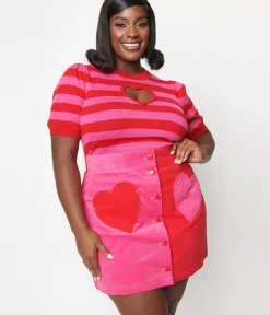 Unique Vintage All Things Pink|All Things Red>Smak Parlour Plus Size Red & Pink Stripe Keyhole Heart Sweater