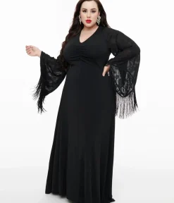 Unique Vintage Maxi|Midi & Maxi>Smak Parlour Plus Size 1970s Black Floral Fringe Sleeve Maxi Dress