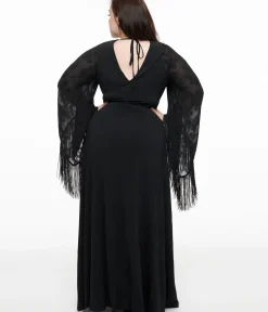 Unique Vintage Maxi|Midi & Maxi>Smak Parlour Plus Size 1970s Black Floral Fringe Sleeve Maxi Dress