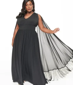 Unique Vintage Maxi|Midi & Maxi>Smak Parlour Plus Size 1970s Black Fringe Cape Maxi Dress