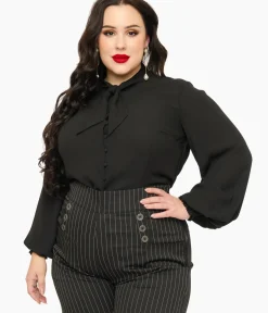 Unique Vintage Blouses|Blouses>Smak Parlour Plus Size 1960s Black Lace Puff Sleeve Blouse