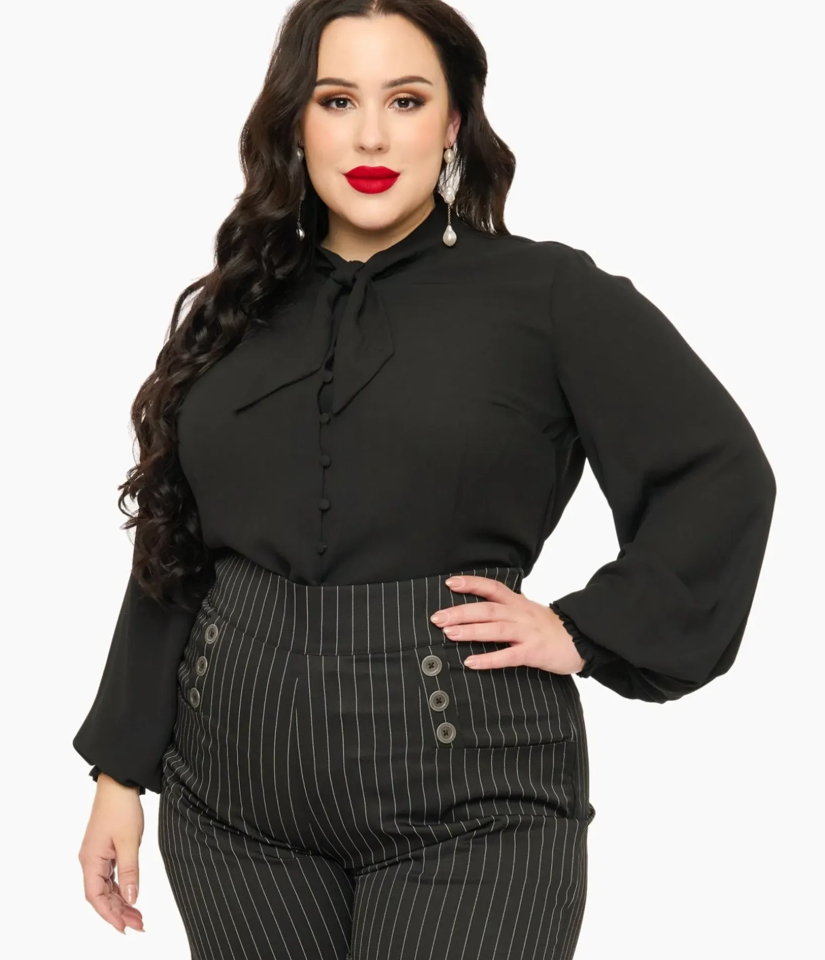 Unique Vintage Blouses|Blouses>Smak Parlour Plus Size 1960s Black Lace Puff Sleeve Blouse