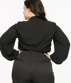 Unique Vintage Blouses|Blouses>Smak Parlour Plus Size 1960s Black Lace Puff Sleeve Blouse